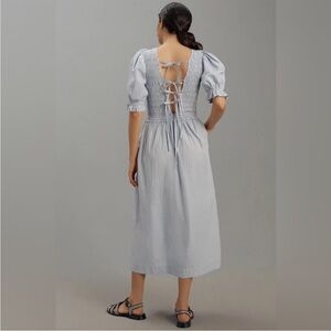 Damson Madder Bluebelle midi dress in blue pinstripe